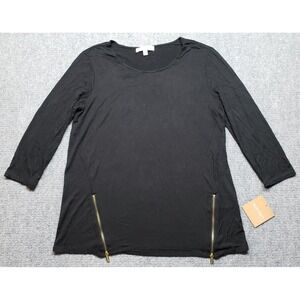 Ellen Tracy Blouse Womens L Black Round Neck 3/4 Sleeve Solid Side Zip Stretch